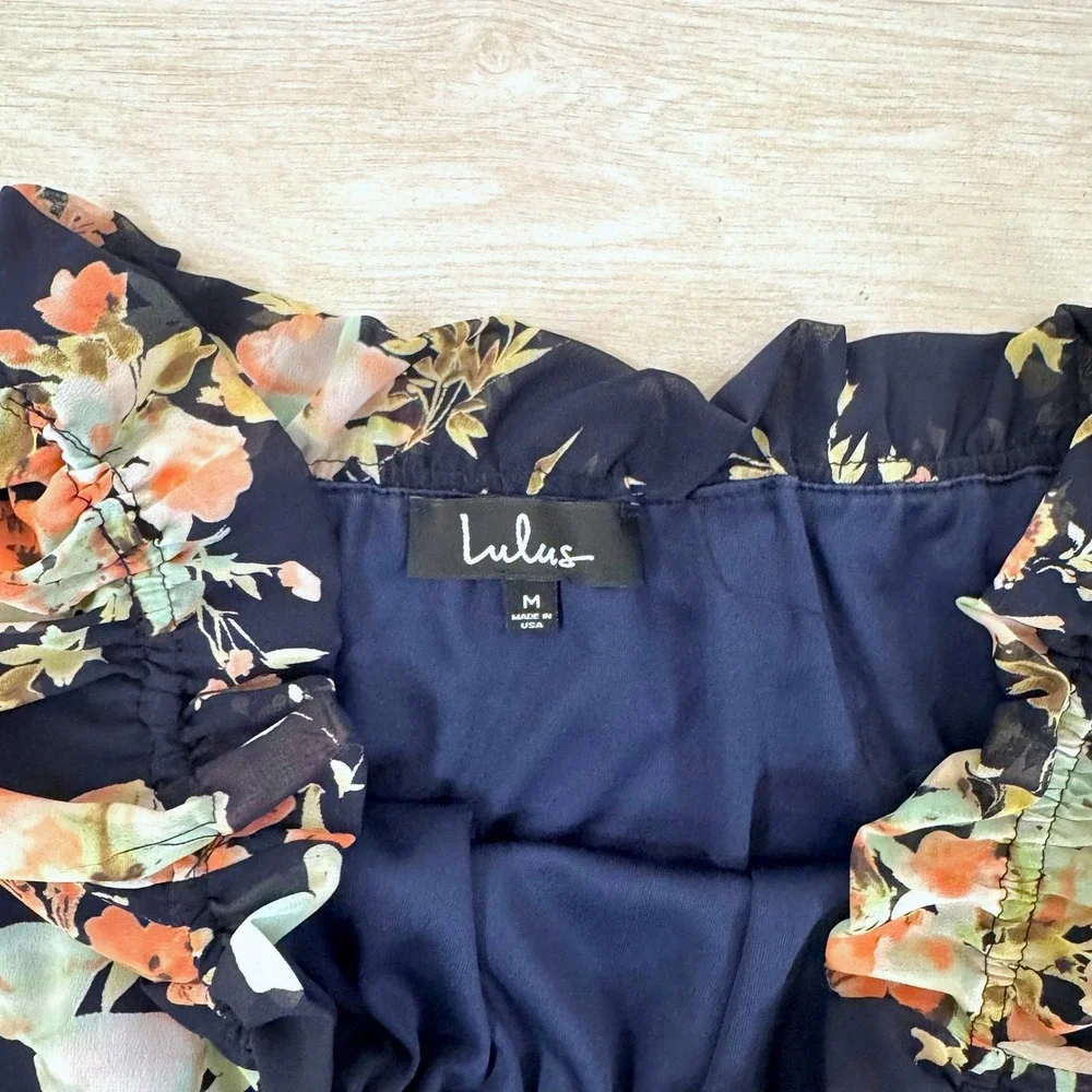 Lulus Floral Off The Shoulder Romper Navy Peach Mint Green Long Sleeve Size‎ M